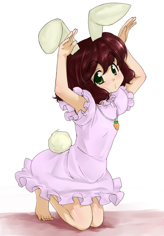 hatakenaka, inaba tewi, touhou, 1girl, alternate eye color, alternate hair color, animal ears, barefoot, brown hair, carrot, child, female focus, full body, green eyes, rabbit ears, short hair, solo, tail