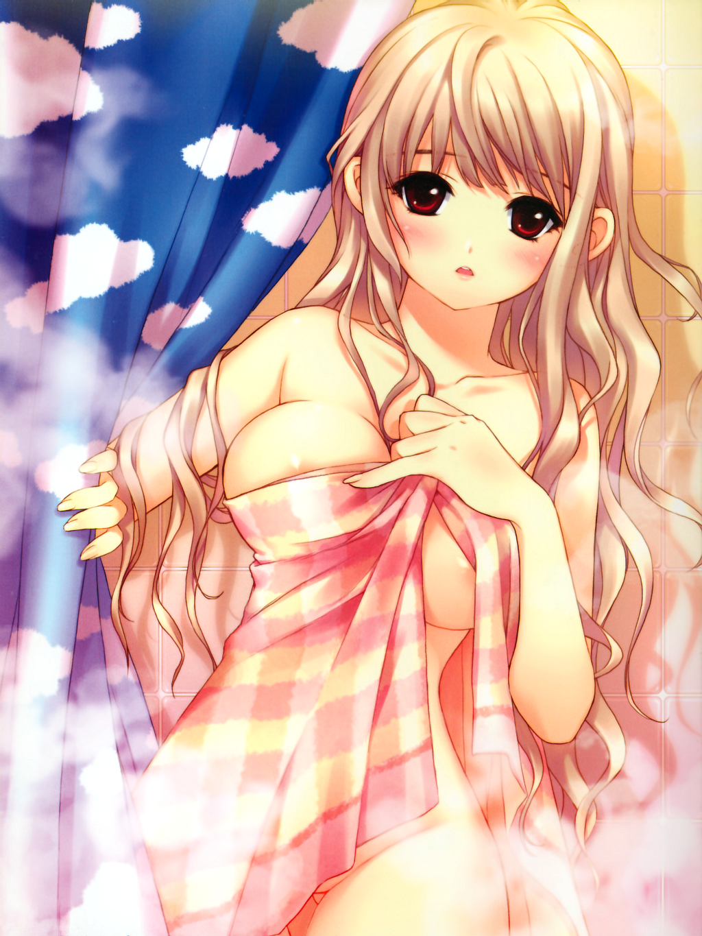 shirahane nao, highres, 1girl, after bathing, blonde hair, blush, breasts, brown hair, female focus, large breasts, long hair, naked towel, nude, open towel, red eyes, solo, steam, thigh gap, thighs, towel