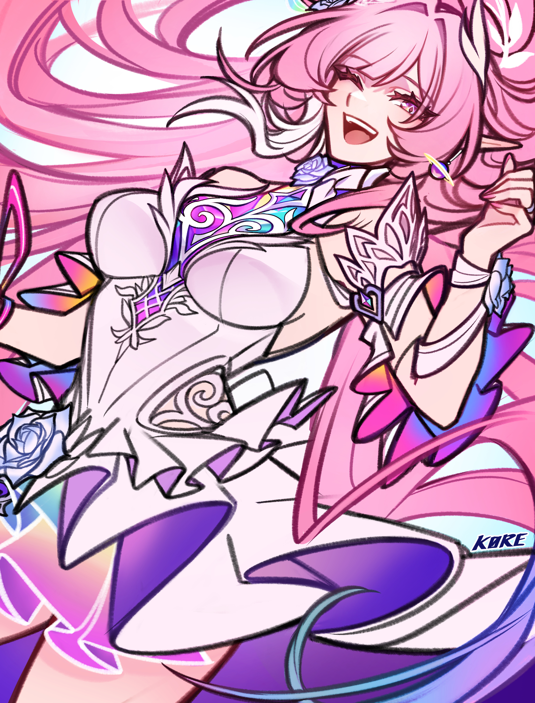 k0re drawings, cyrene (honkai: star rail), cyrene (ripples of past reverie) (honkai: star rail), honkai: star rail, honkai (series), highres, bare shoulders, breasts, detached sleeves, dress, earrings, gradient hair, jewelry, large breasts, long hair, looking at viewer, multicolored hair, one eye closed, open mouth, pink hair, pointy ears, purple eyes, purple hair, signature, single earring, smile, white dress