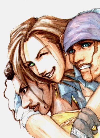 9 lo, kiros seagill, laguna loire, ward zabac, final fantasy, final fantasy viii, bad id, bad pixiv id, 1990s (style), 3boys, black hair, blue eyes, brown eyes, brown hair, green eyes, long hair, male focus, multiple boys, one eye closed, scar, smile, wink