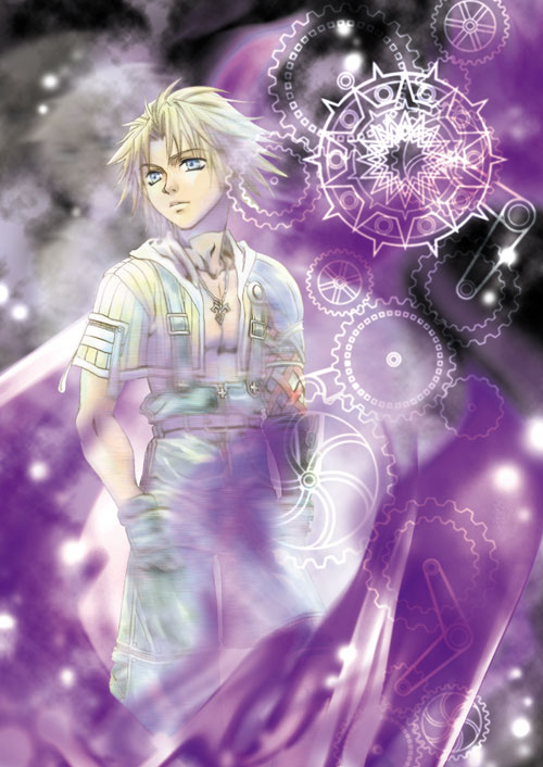 kimagureneko, mana tohno, tidus, final fantasy, final fantasy x, 00s, 1boy, blonde hair, blue eyes, gears, gloves, jewelry, male focus, necklace, open clothes, open shirt, shirt, solo