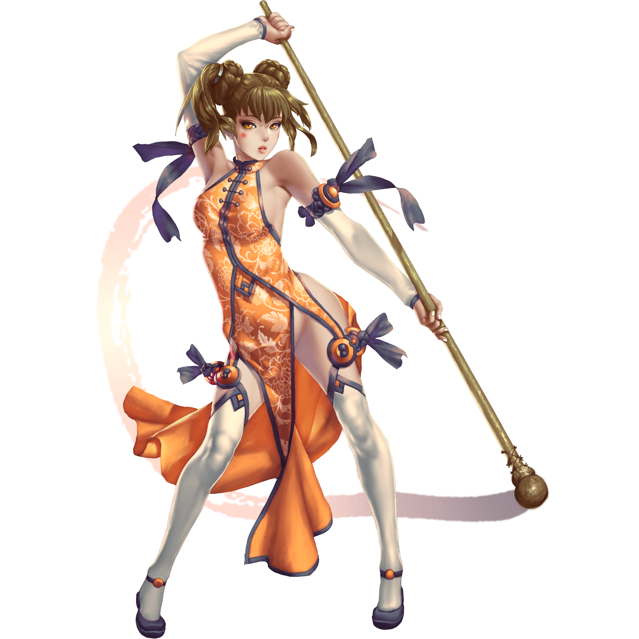 crystal maiden (series), artist request, bad source, game cg, highres, official art, third-party source, variant set, 1girl, asymmetrical hair, bare hips, bare shoulders, breasts, brown hair, chinese clothes, detached sleeves, double bun, floral print, full body, groin, hair bun, holding, holding weapon, looking at viewer, makeup, mei-li (crystal maidens), no panties, orange eyes, sideboob, solo, transparent background, weapon