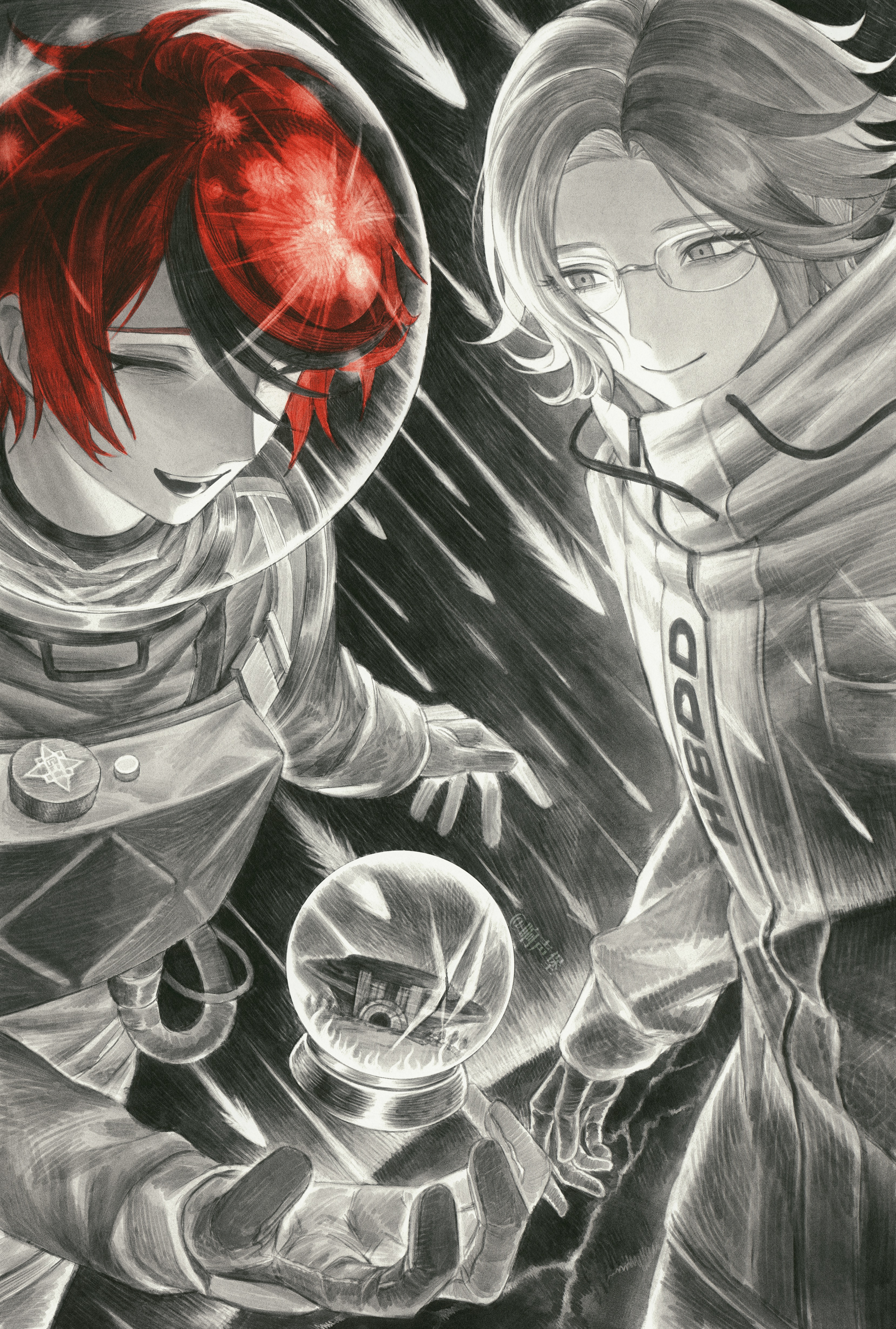 7nite, aotsuki eito, sumino takumi, the hundred line -last defense academy-, absurdres, chinese commentary, commentary request, highres, 2boys, ^ ^, ahoge, black streaks, closed eyes, glasses, gloves, grin, helmet, jacket, looking at another, male focus, multicolored hair, multiple boys, open mouth, partially colored, red hair, shooting star, short hair, smile, snow globe, space helmet, spacesuit, streaked hair, weibo username