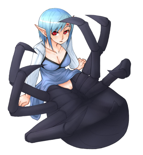 artist request, 1girl, arthropod girl, blue hair, breasts, bug, cleavage, dress, female focus, insect girl, looking at viewer, monster girl, pointy ears, pussy, red eyes, simple background, solo, spider, spider girl