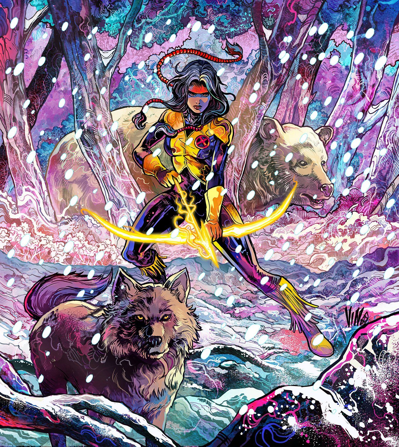 vinartwork, grey wolf, marvel, marvel snap, new mutants, x-men, highres, official art, 1girl, abstract background, aiming, aiming down, animal, animal ears, arrow (projectile), badge, bear, bear ears, belt pouch, black hair, bodysuit, bow (weapon), braid, brown eyes, colorful background, dark-skinned female, dark skin, dynamic pose, earrings, energy, feather earrings, feathers, forest, glint, gloves, grey fur, headdress, holding, holding bow (weapon), holding weapon, jewelry, long hair, mirage (marvel), multicolored bodysuit, native american, native american headdress, nature, outdoors, pouch, quiver, rock, science fiction, shiny skin, single braid, sky, skyline, snow, snowflakes, snowing, solo, solo focus, sparkle, star (sky), starry sky, superhero costume, tail, tree, twin braids, two-tone bodysuit, weapon, western comics (style), white fur, winter, wolf, wolf ears, wolf tail, yellow gloves