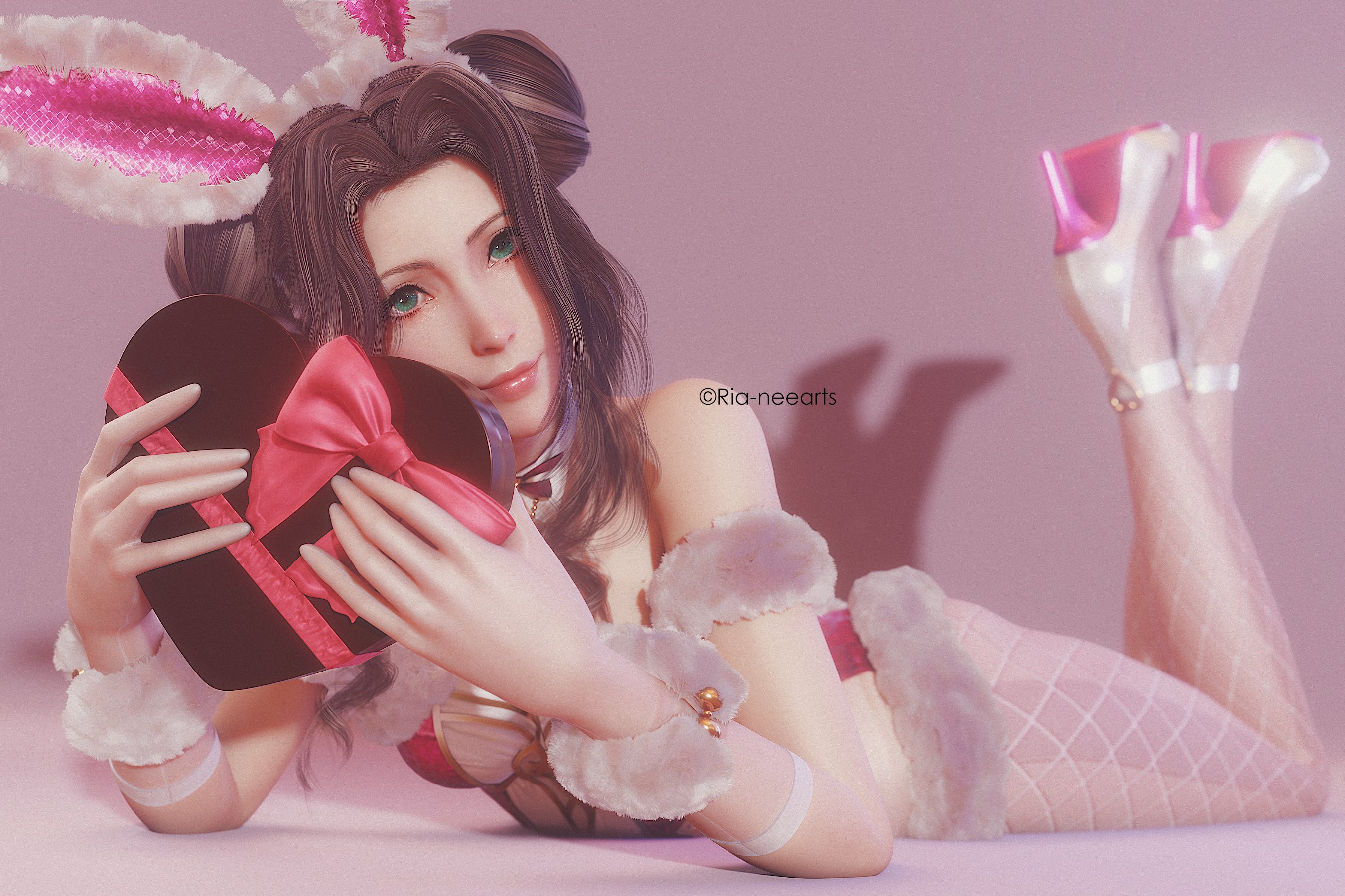 ria (baka-neearts), aerith gainsborough, final fantasy, final fantasy vii, final fantasy vii remake, commentary, highres, 1girl, animal ears, ankle strap, armband, bell, blurry, bow, box, box of chocolates, bracelet, brown hair, crossed ankles, curtained hair, depth of field, detached collar, double bun, fishnet pantyhose, fishnets, fur-trimmed leotard, fur trim, green eyes, hair bun, head tilt, heart-shaped box, high heels, holding, holding box, jewelry, leotard, looking at viewer, lying, on stomach, pantyhose, parted bangs, pink leotard, pink lips, playboy bunny, rabbit ears, rabbit girl, ribbon, shadow, sidelocks, simple background, smile, the pose