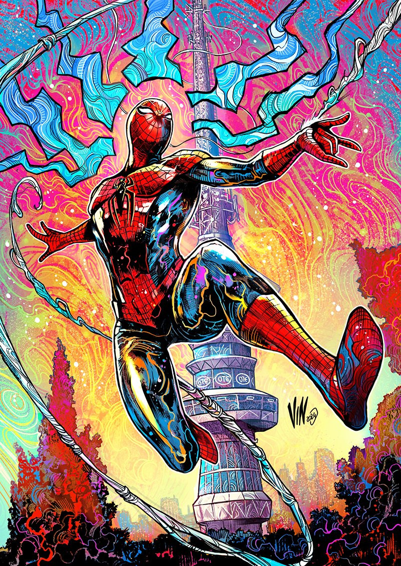 vinartwork, spider-man, marvel, spider-man (series), commentary, english commentary, 1boy, abstract background, animal print, artist name, bodysuit, colorful background, dynamic pose, male focus, mask, mask on head, monument, multicolored bodysuit, outdoors, plant, print bodysuit, red bodysuit, red mask, reflection, signature, silk, sky, skyline, spider print, spider web, spider web print, superhero costume, swinging on rope, two-tone bodysuit, white eyes
