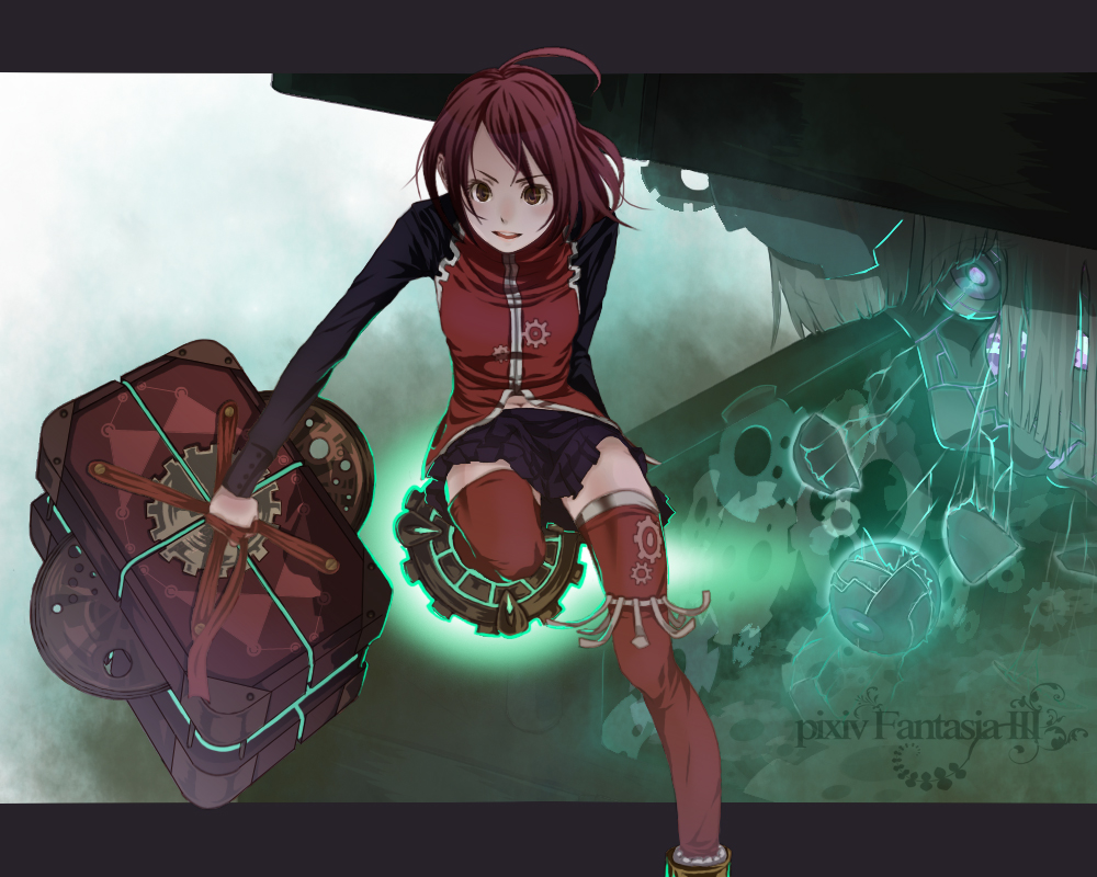 relog, relog (pixiv), pixiv fantasia, pixiv fantasia 3, bad id, bad pixiv id, akatsuhara empire, brown hair, skirt, solo, thighhighs
