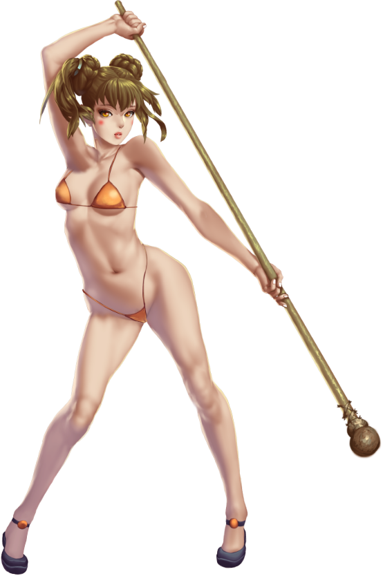 crystal maiden (series), artist request, game cg, official art, variant set, 1girl, artistic error, asymmetrical hair, bare arms, bare hips, bare legs, bare shoulders, bikini, breasts, brown hair, double bun, full body, groin, hair bun, holding, holding weapon, looking at viewer, makeup, mei-li (crystal maidens), micro bikini, navel, orange bikini, orange eyes, solo, swimsuit, transparent background, weapon