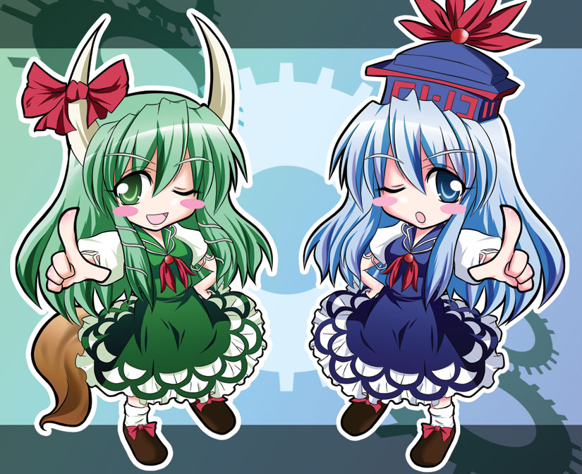 geo (yukishitadou), geogeo geo, ex-keine, kamishirasawa keine, touhou, 2girls, blue eyes, chibi, female focus, full body, green eyes, green hair, hat, horns, long hair, multiple girls, ribbon, standing, tail, wink