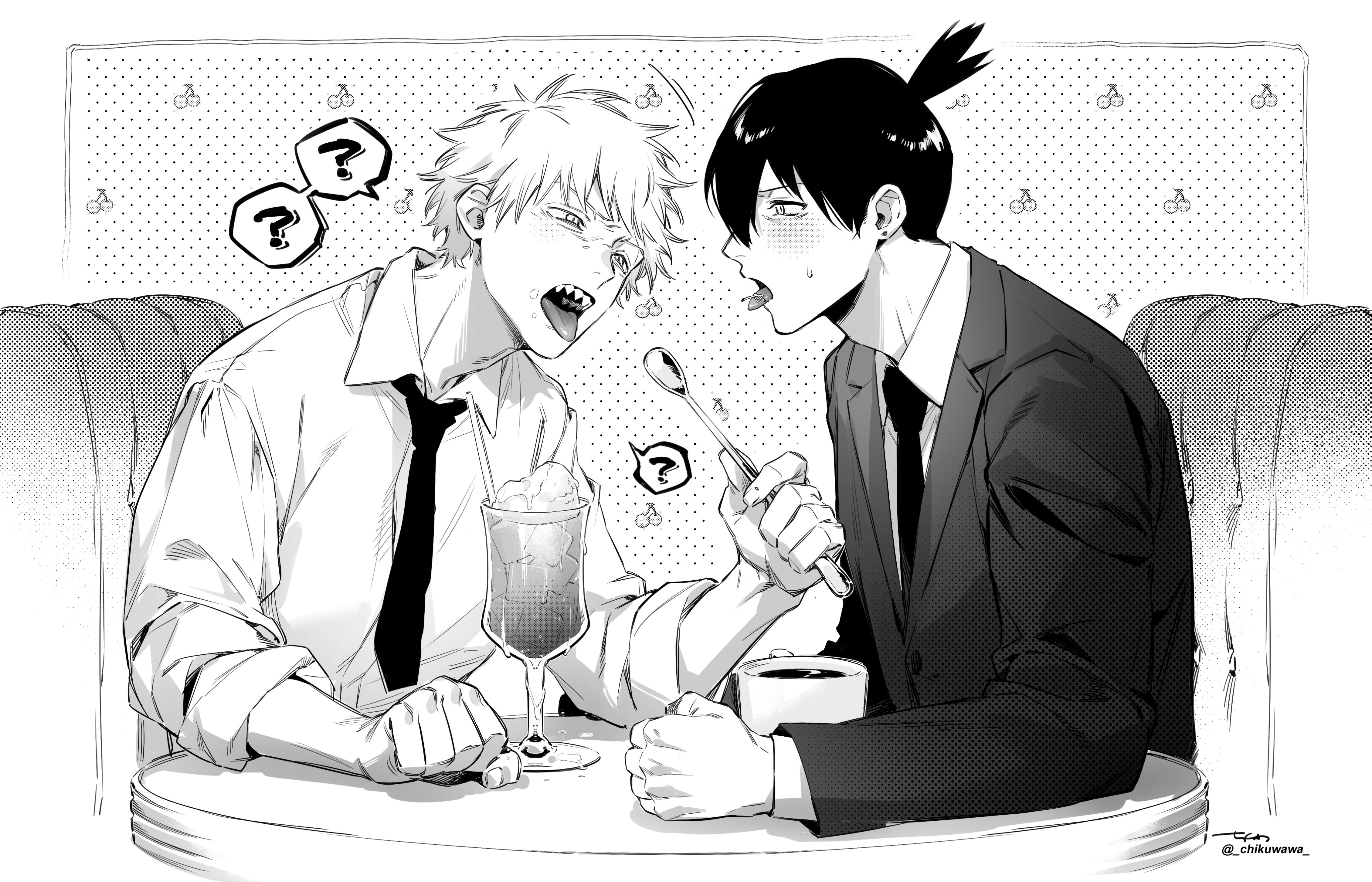 chikuwa (dr0603), denji (chainsaw man), hayakawa aki, chainsaw man, absurdres, commentary request, highres, 2boys, ?, blush, collared shirt, food, food on face, greyscale, male focus, monochrome, multiple boys, necktie, screentones, sharp teeth, shirt, short hair, signature, sitting, sleeves pushed up, spoken question mark, teeth, tongue, tongue out, topknot, twitter username