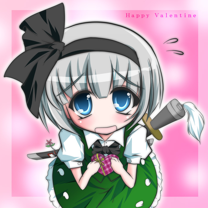 geo (yukishitadou), geogeo geo, konpaku youmu, touhou, silver hair, 1girl, blue eyes, blush, female focus, hairband, happy valentine, katana, sheath, sheathed, short hair, solo, sword, valentine, weapon
