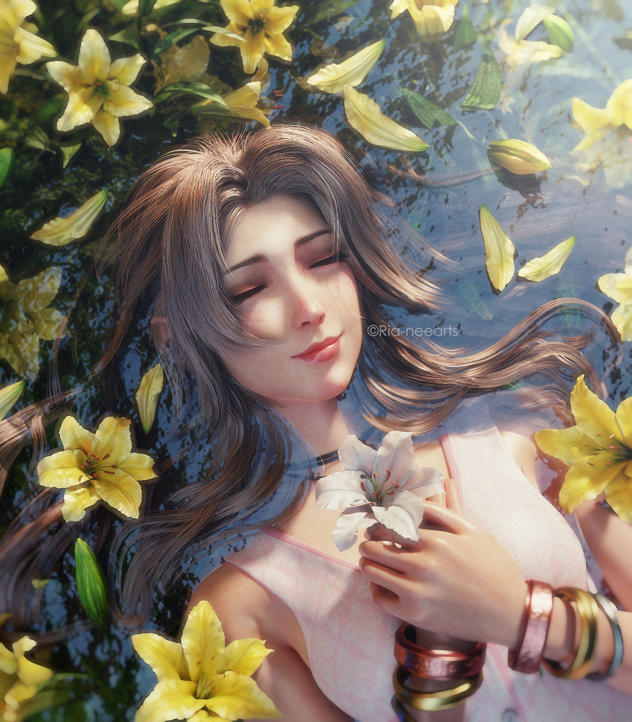 ria (baka-neearts), aerith gainsborough, final fantasy, final fantasy vii, final fantasy vii remake, commentary, highres, 1girl, 3d, bangle, bracelet, brown hair, closed eyes, curtained hair, dress, flower, holding, holding flower, jewelry, long hair, necklace, parted bangs, partially submerged, pink dress, pink lips, sleeveless, sleeveless dress, smile, solo, white flower, yellow flower