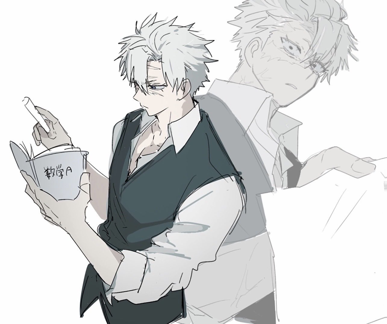 shinazugawa sanemi, kimetsu no yaiba, 1boy, alternate costume, black vest, closed mouth, collared shirt, constricted pupils, fingernails, grey hair, half-closed eyes, holding, holding notebook, looking at viewer, male focus, multiple views, notebook, parted lips, purple eyes, shirt, short hair, solo, spiked hair, teeth, upper body, vest, white background, white shirt, yamakadatoomota