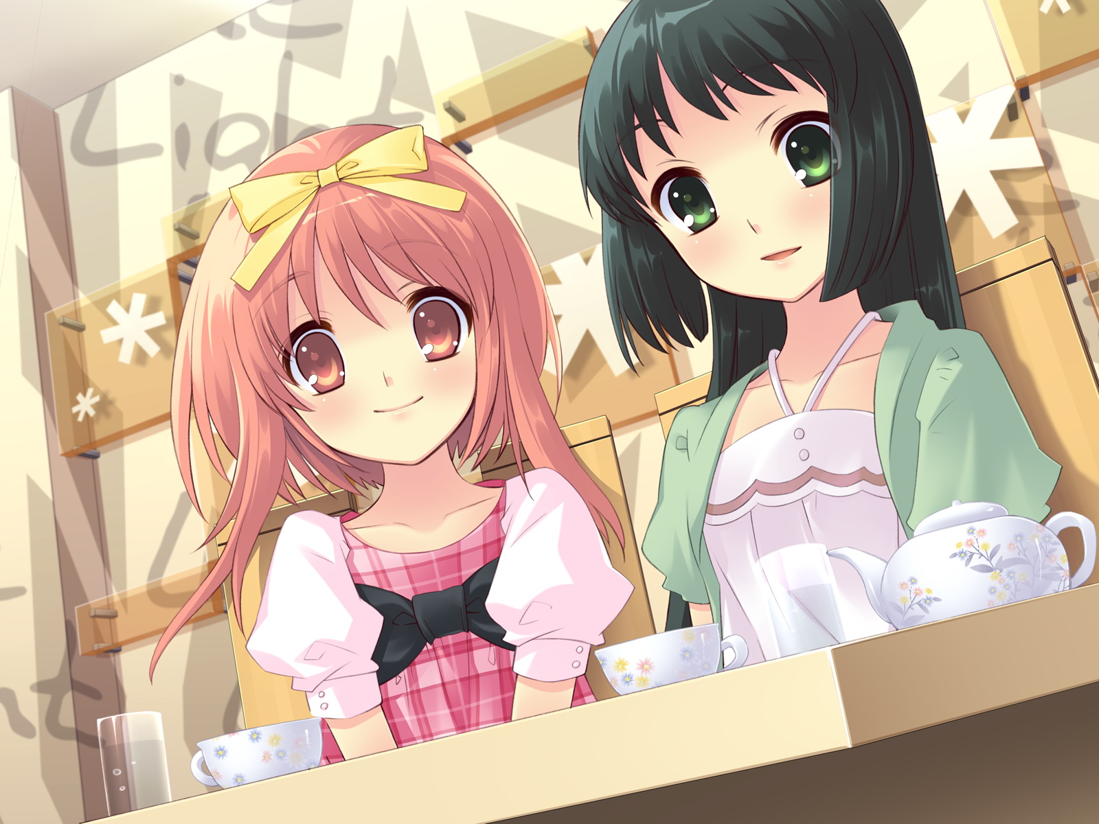 ito noizi, akihime sumomo, yaeno nadeshiko, nanatsuiro drops, highres, 00s, 2girls, black hair, green eyes, long hair, multiple girls, orange eyes, pink hair, short hair, smile