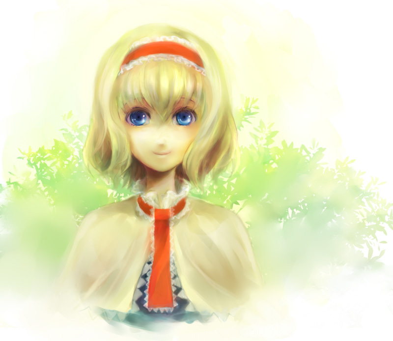 riinu (ir-n), alice margatroid, touhou, 1girl, blonde hair, blue eyes, female focus, hairband, plant, short hair, solo, upper body