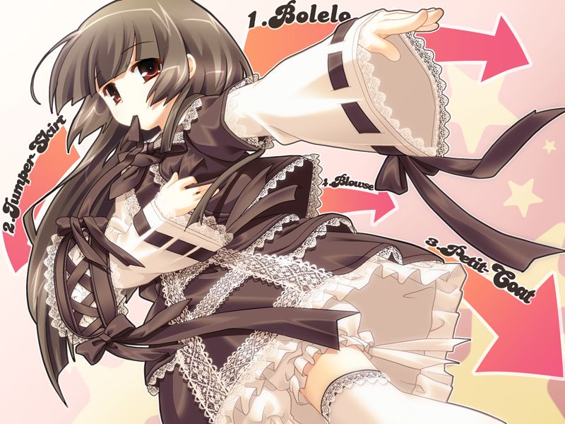 game cg, bloomers, brown hair, goth fashion, long hair, red eyes, ribbon, solo, thighhighs, underwear, white thighhighs