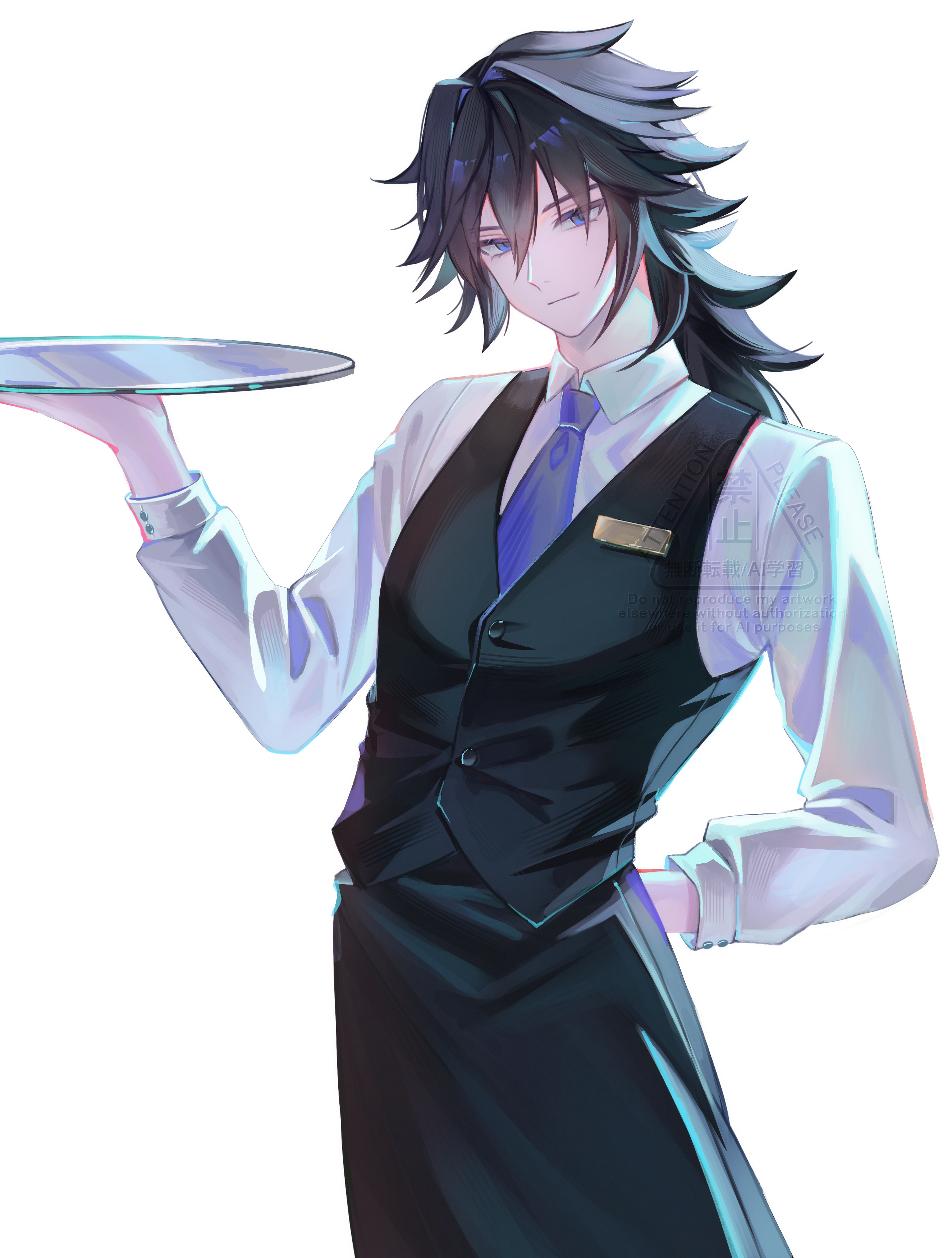 tomioka giyuu, kimetsu no yaiba, absurdres, highres, 1boy, alternate costume, black hair, black vest, blue eyes, closed mouth, cowboy shot, ddxn ddxn, hand up, holding, holding tray, light smile, long hair, looking at viewer, low ponytail, male focus, ponytail, shirt, simple background, solo, spiked hair, tray, vest, watermark, white background, white shirt