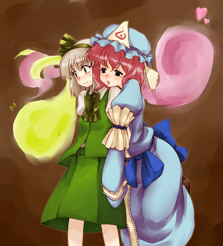 hatakenaka, konpaku youmu, konpaku youmu (ghost), saigyouji yuyuko, touhou, silver hair, 2girls, blush, bow, female focus, green eyes, hairband, hat, heart, hitodama, multiple girls, pink hair, ribbon, short hair, sweat