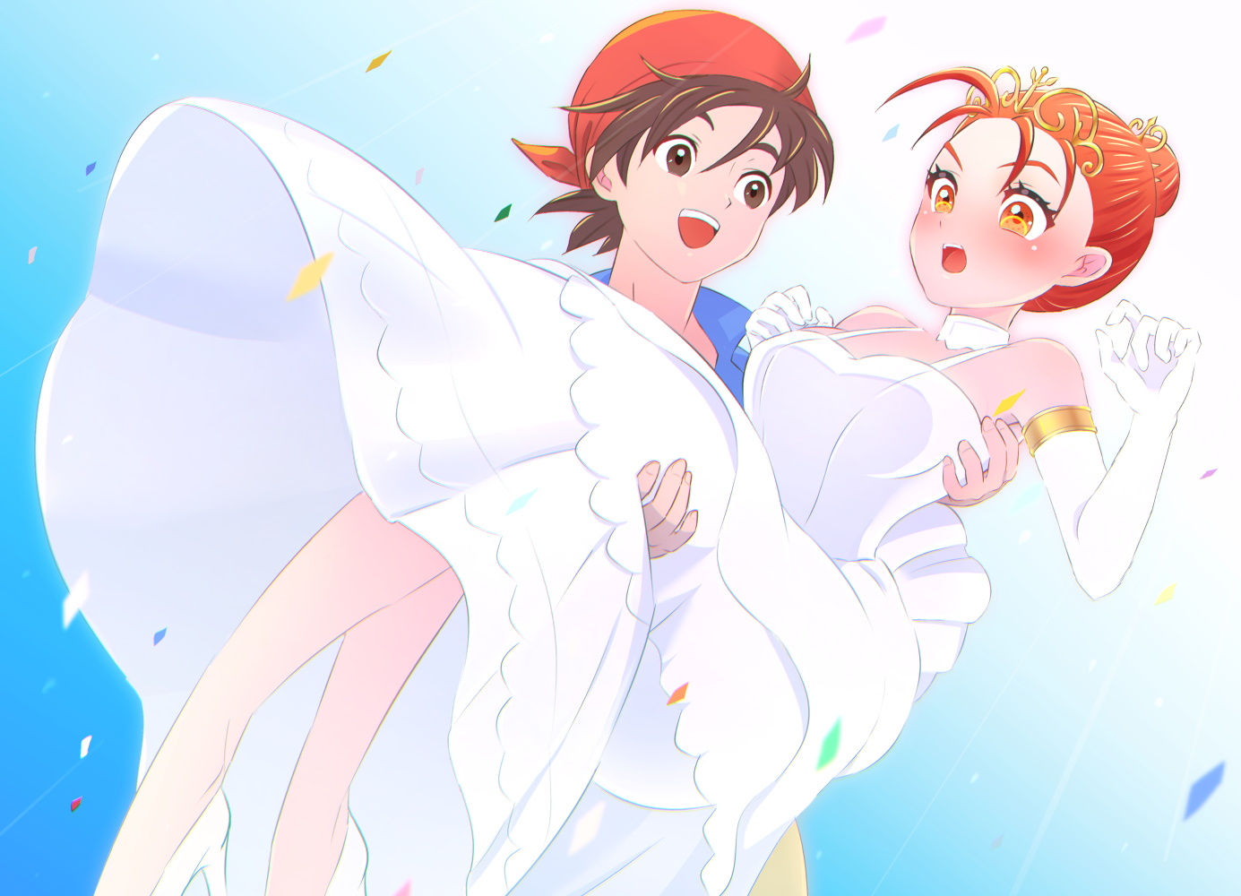 kikopoko11, hero (dq8), jessica albert, dragon quest, dragon quest viii, 1boy, 1girl, :d, :o, alternate costume, alternate hairstyle, bandana, blush, breasts, bride, brown eyes, brown hair, carrying, choker, dress, elbow gloves, gloves, hair bun, high heels, medium breasts, official alternate costume, open mouth, princess carry, red bandana, red eyes, red hair, shoes, sleeveless, sleeveless dress, smile, tears, tiara, wedding dress, white choker, white dress, white gloves, white shoes