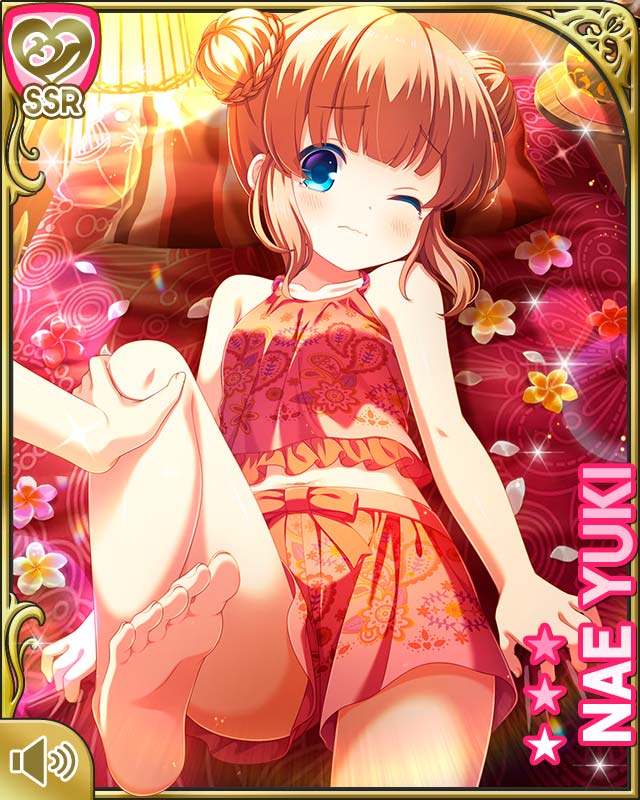 qp:flapper, yuuki nae, girlfriend (kari), official art, 1girl, bare shoulders, blue eyes, blush, bow, brown hair, card (medium), character name, hair bow, indoors, legs, long hair, looking at viewer, lying, midriff, on back, one eye closed, red shirt, red shorts, ribbon, shirt, shorts, solo, spa, thigh gap, thighs, two side up