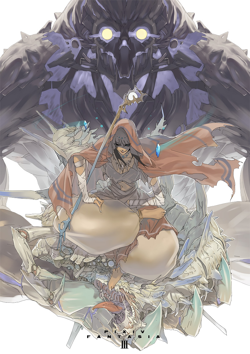 ryota-h, pixiv fantasia, pixiv fantasia 3, 1girl, bandages, bone, brown hair, cape, crystal, gigandal federation, glowing, glowing eyes, jewelry, necklace, saliva, skeleton, staff, teeth, wand