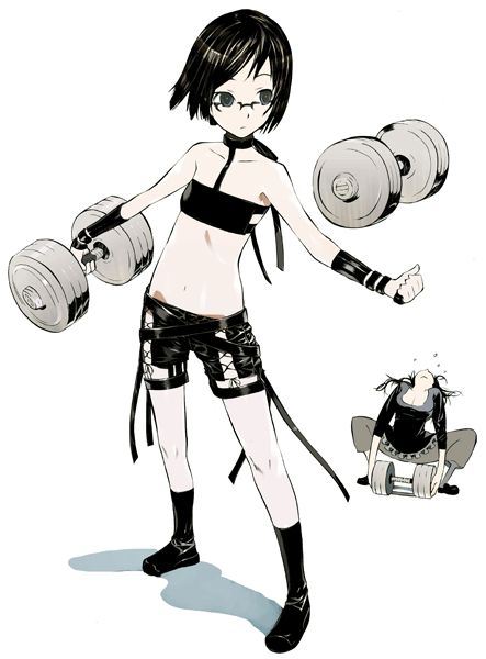 artist request, tagme, 2girls, dumbbell, expressionless, glasses, midriff, multiple girls, navel, short shorts, shorts, strong
