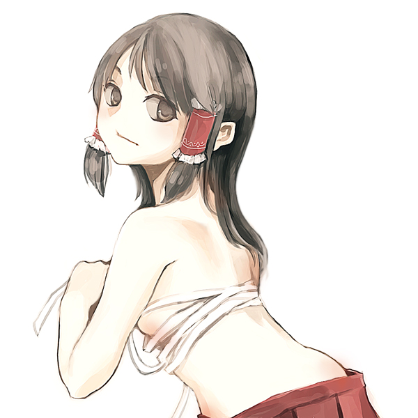 morang, hakurei reimu, touhou, 1girl, breasts, brown hair, female focus, sarashi, sideboob, simple background, skirt, solo, white background