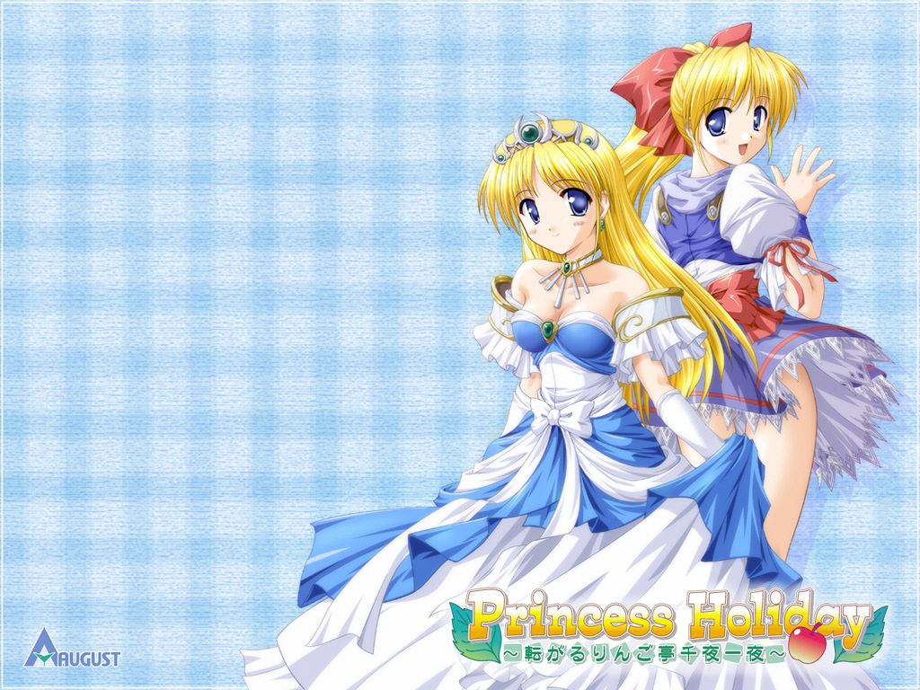 bekkankou, leticia apple, princess holiday, non-web source, 00s, 2girls, blonde hair, blue eyes, dress, dual persona, gown, long hair, looking back, multiple girls, ponytail, princess, tiara, waitress
