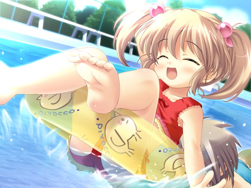 hikari (musumaker), musumaker, game cg, non-web source, 1boy, 1girl, barefoot, bikini, brown hair, closed eyes, dutch angle, feet, hair bobbles, hair ornament, happy, innertube, open mouth, short hair, smile, solo focus, swim ring, swimsuit, tankini, twintails