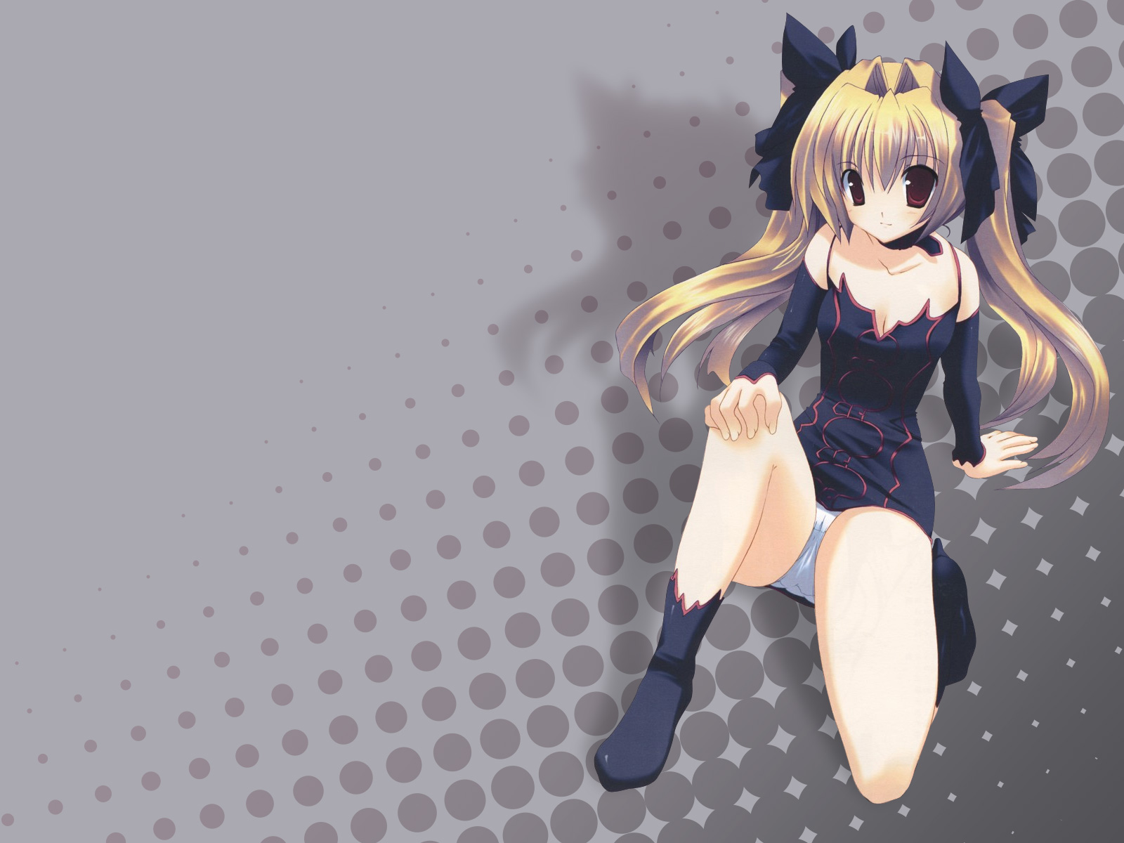 highres, non-web source, blonde hair, boots, detached sleeves, dress, hair ornament, long hair, panties, pantyshot, red eyes, short dress, sitting, smile, solo, twintails, underwear