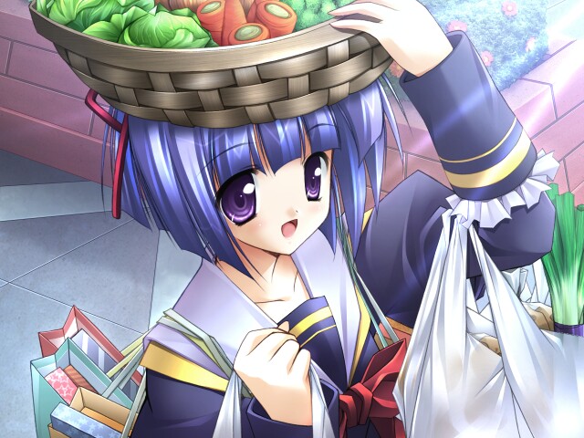 moon childe, game cg, non-web source, 1girl, bag, basket on head, blue hair, bob cut, female focus, flower, light rays, object on head, outdoors, plastic bag, purple eyes, school uniform, serafuku, shopping, short hair, smile, solo, sunbeam, sunlight
