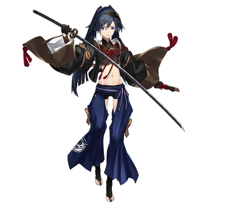 monohoshizao (tenka hyakken), tenka hyakken, official art, tagme, 1girl, katana, looking at viewer, midriff, sword, weapon