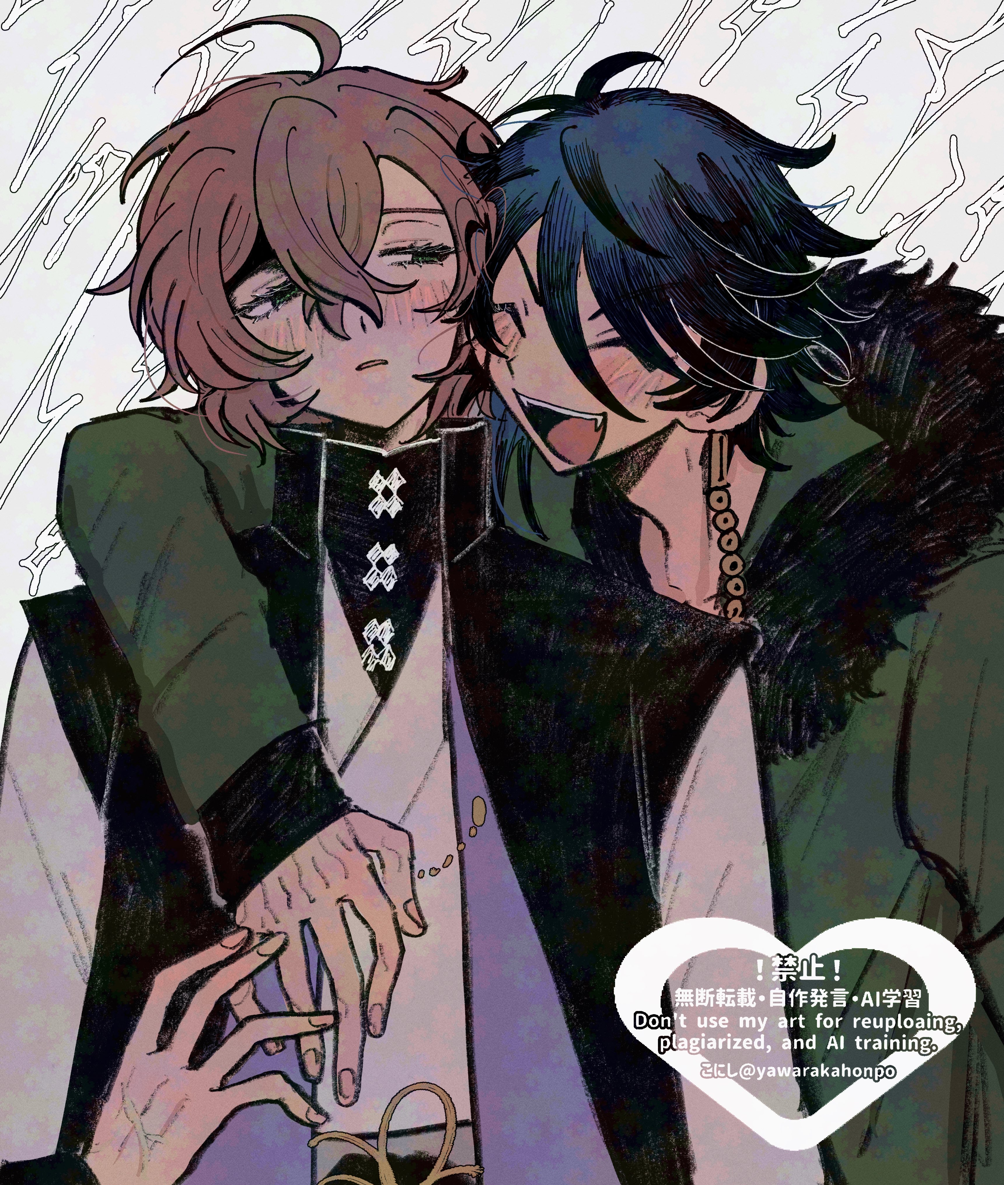 ni (yawarakahonpo), arisugawa dice, yumeno gentaro, hypnosis mic, absurdres, highres, 2boys, ahoge, black hair, black shirt, blue hair, blush, brown hair, closed eyes, earrings, facing viewer, fang, fur trim, glaring, green eyes, hair between eyes, hug, hug from behind, jacket, jewelry, long sleeves, looking at another, looking to the side, male focus, multiple boys, open mouth, shirt, short hair, smile, upper body, white background