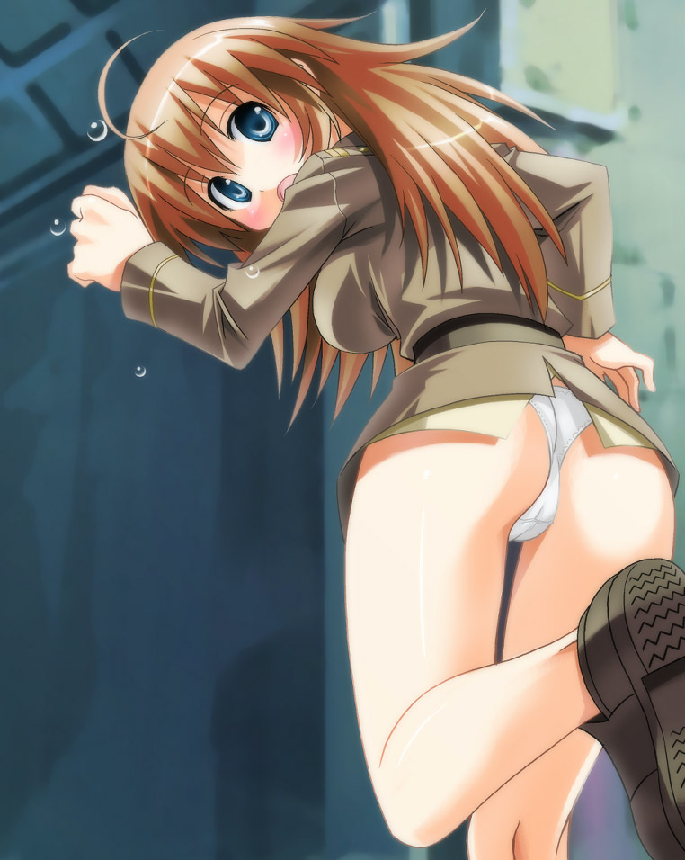 umekichi, charlotte e. yeager, strike witches, world witches series, 00s, 1girl, ass, blue eyes, brown hair, female focus, panties, pantyshot, solo, underwear