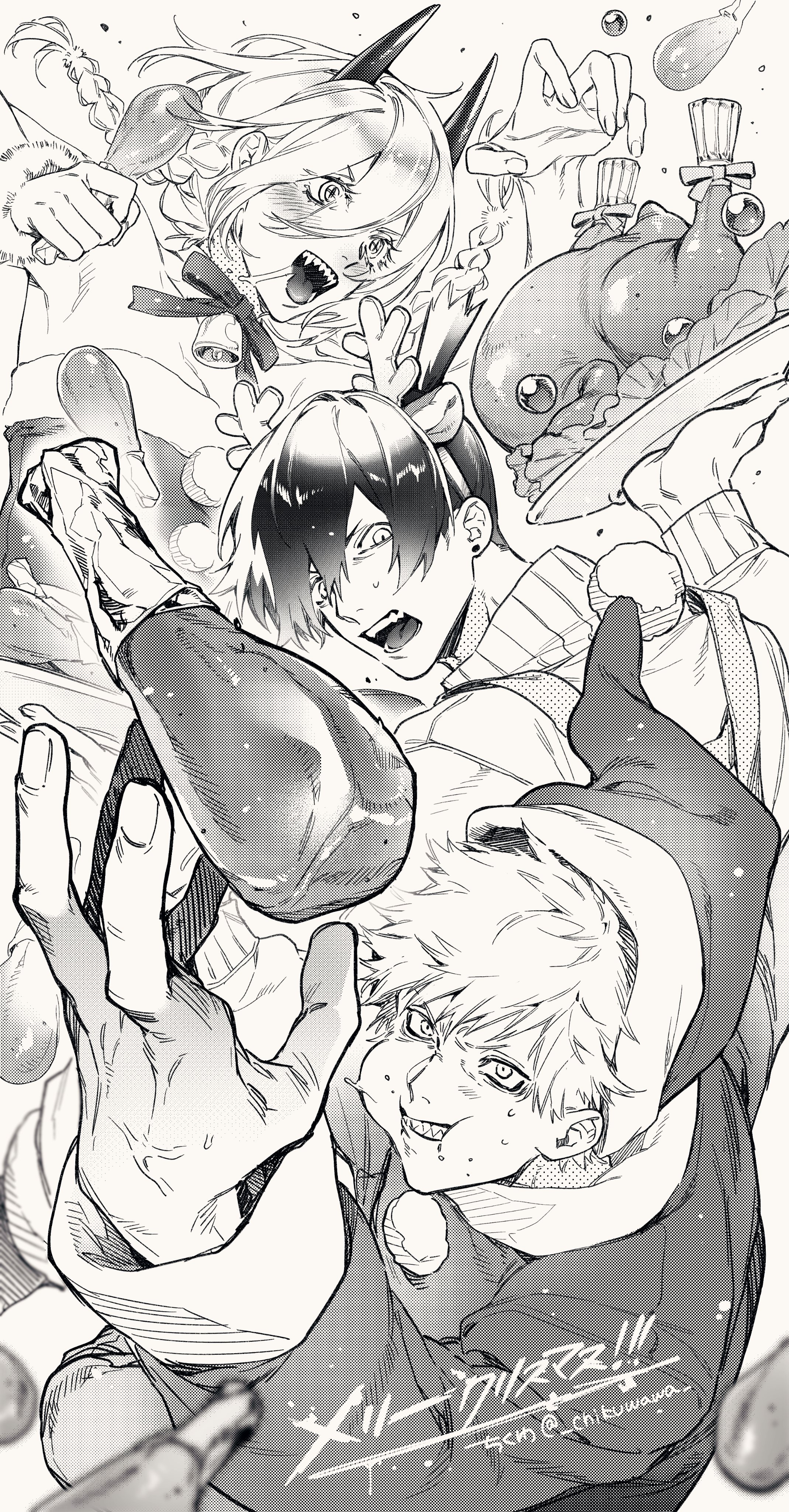 chikuwa (dr0603), denji (chainsaw man), hayakawa aki, power (chainsaw man), chainsaw man, absurdres, commentary request, highres, 1girl, 2boys, alternate costume, christmas, closed mouth, food, greyscale, hat, holding, holding food, horns, long hair, looking at another, monochrome, multiple boys, open mouth, santa costume, santa hat, screentones, sharp teeth, short hair, teeth, topknot, twitter username