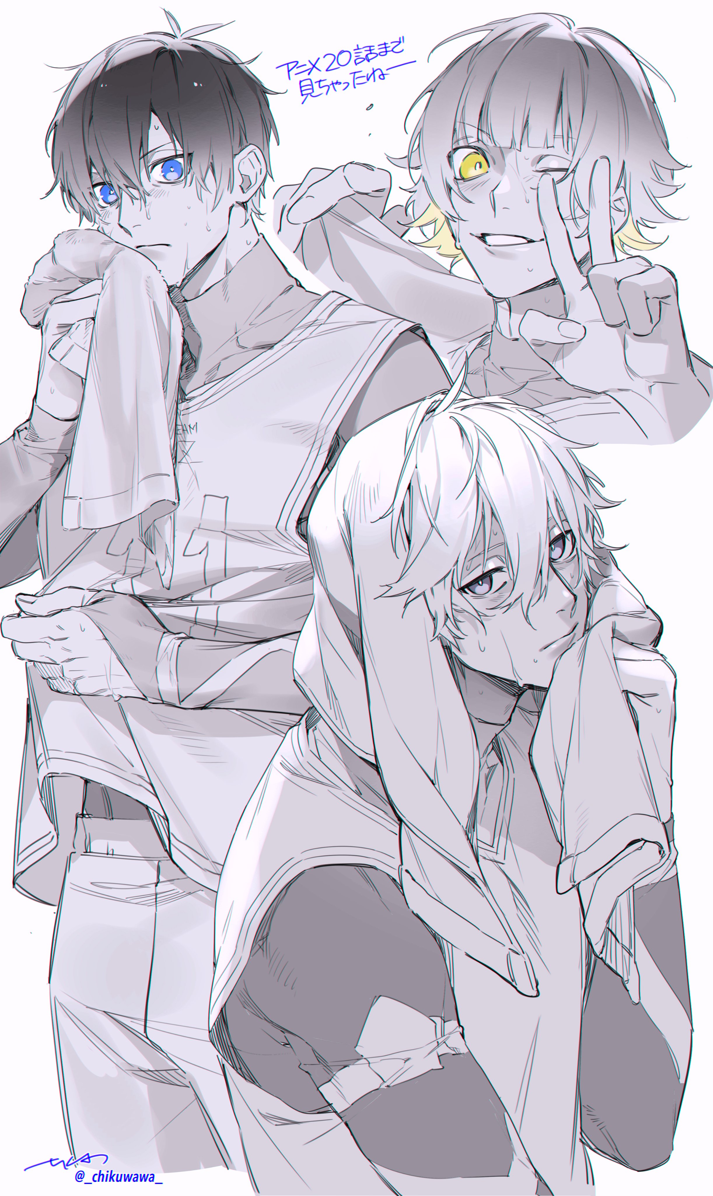 chikuwa (dr0603), bachira meguru, isagi yoichi, nagi seishirou, blue lock, absurdres, commentary request, highres, translation request, 3boys, blonde hair, blue eyes, blue lock bodysuit, closed mouth, cowboy shot, greyscale, hair between eyes, looking at viewer, male focus, monochrome, multiple boys, signature, smile, spot color, sweat, teeth, towel, towel on head, twitter username, upper body, v, yellow eyes