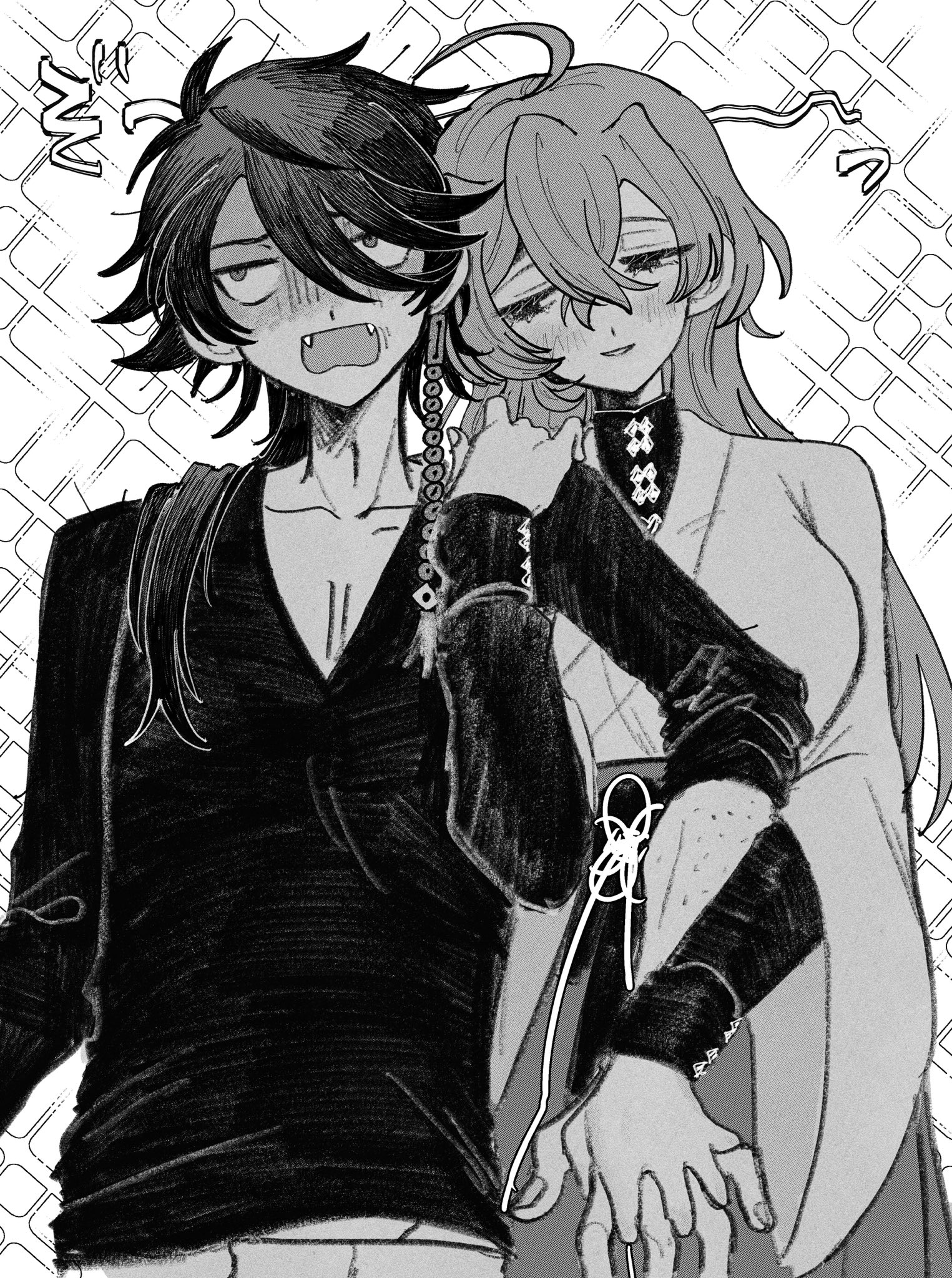 ni (yawarakahonpo), arisugawa dice, yumeno gentaro, hypnosis mic, highres, 1boy, 1girl, ahoge, blush, breasts, earrings, fang, fangs, genderswap, genderswap (mtf), greyscale, hair between eyes, hakama, holding hands, japanese clothes, jewelry, long hair, long sleeves, looking at another, monochrome, open mouth, pectoral cleavage, pectorals, shirt, single earring, skirt, smile