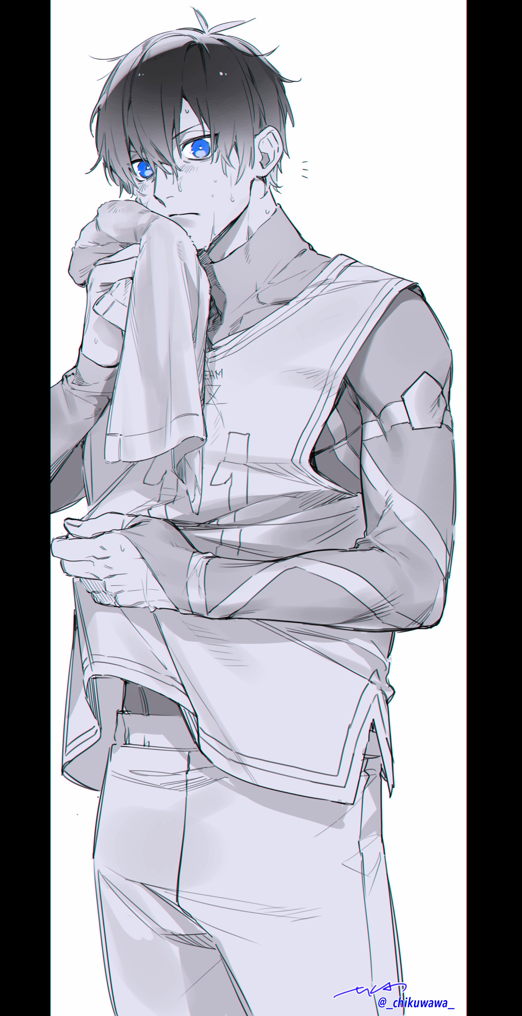 chikuwa (dr0603), isagi yoichi, blue lock, absurdres, commentary request, highres, 1boy, blue eyes, blue lock bodysuit, closed mouth, cowboy shot, greyscale, holding, holding towel, looking at viewer, male focus, monochrome, pillarboxed, short hair, signature, solo, spot color, sweat, towel, twitter username