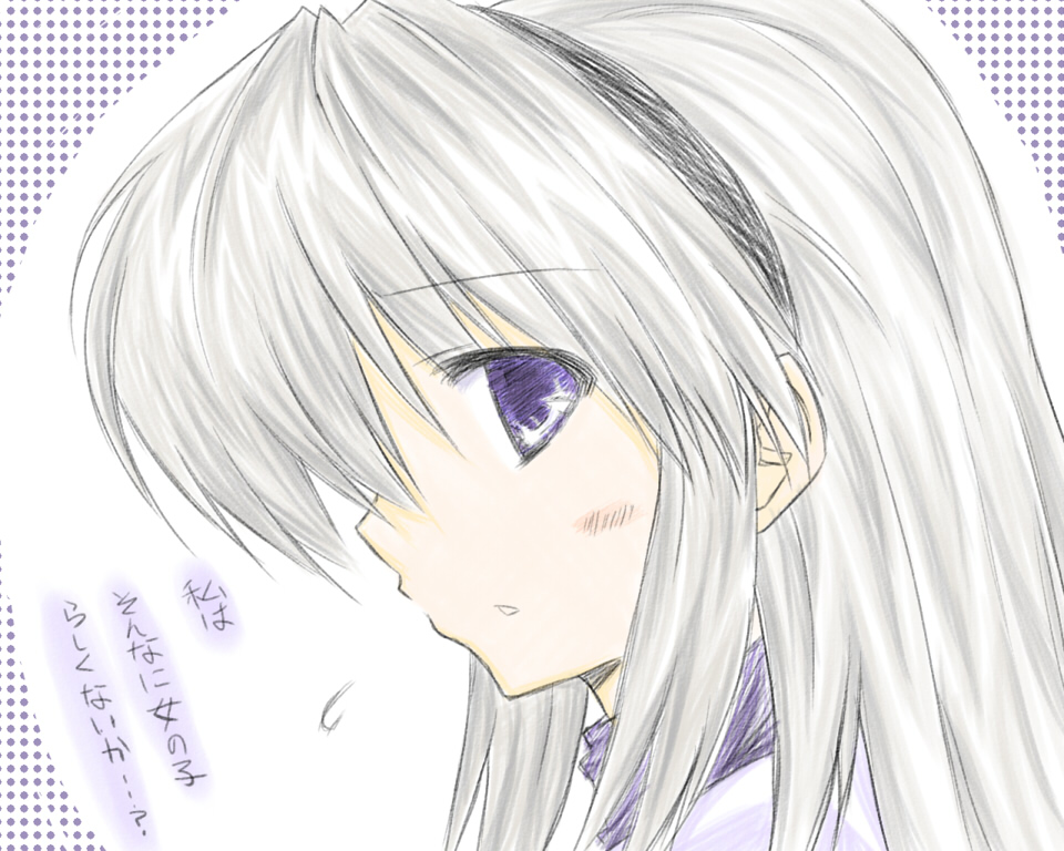 wata, sakagami tomoyo, clannad, silver hair, bad id, bad pixiv id, translated, 00s, blue eyes, hairband, long hair, profile, school uniform, solo