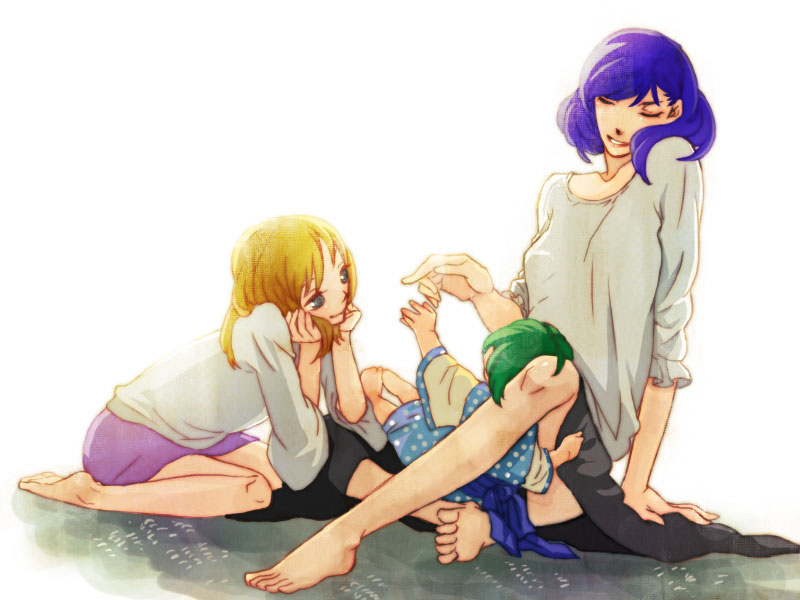 kurage (huwahuwaru n), kochiya sanae, moriya suwako, yasaka kanako, touhou, bad id, bad pixiv id, 3girls, aged down, alternate costume, baby, barefoot, blonde hair, blue hair, casual, contemporary, feet, female focus, green hair, multiple girls, short hair