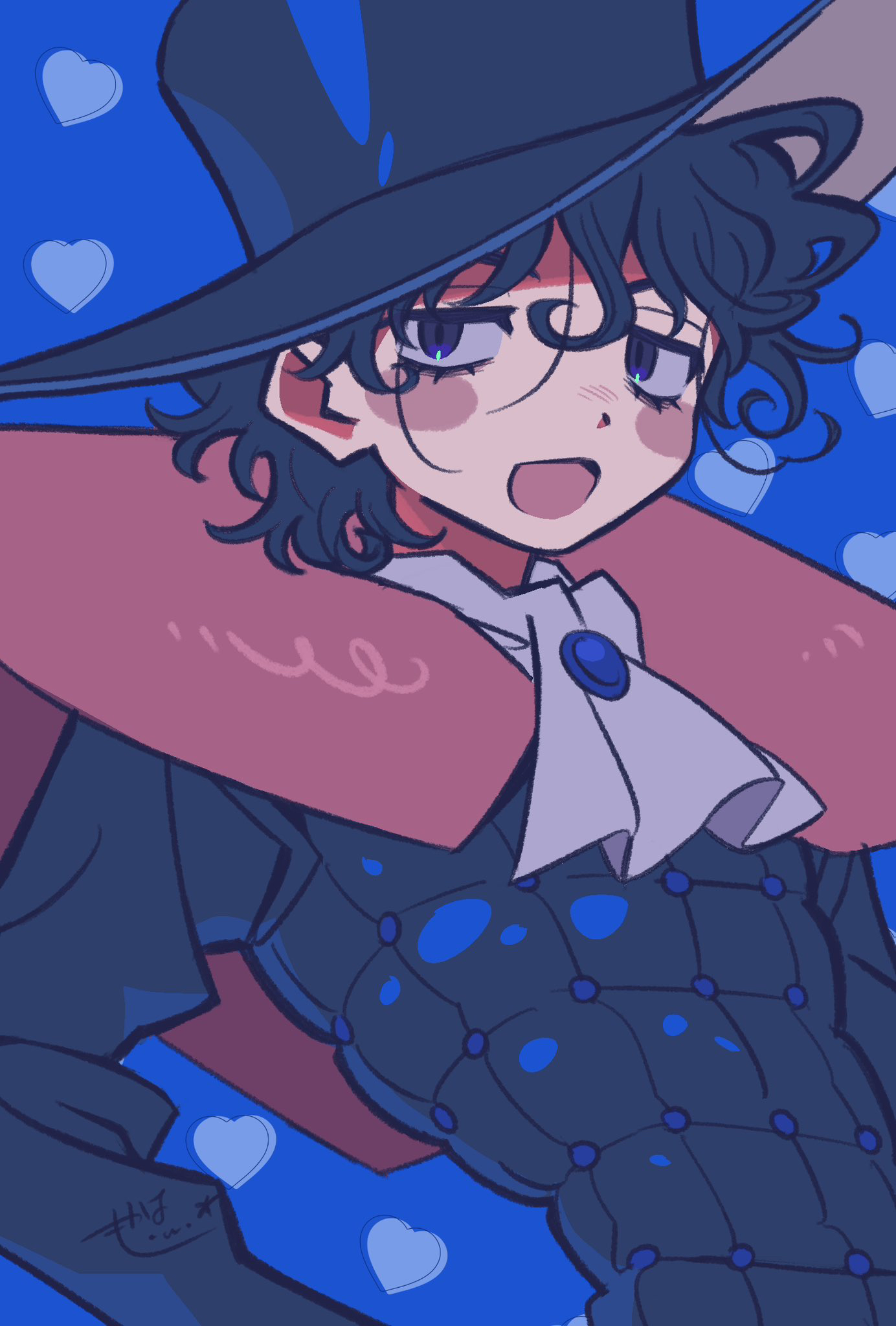 jojo no kimyou na bouken, steel ball run, highres, 1boy, :d, artist name, ascot, bags under eyes, black coat, black eyes, black hair, black hat, blue background, blush stickers, cape, coat, grey ascot, hair between eyes, hand on own hip, hat, heart, heart background, karumonn, long sleeves, looking at viewer, male focus, messy hair, open mouth, pink cape, short hair, signature, simple background, smile, solo, top hat