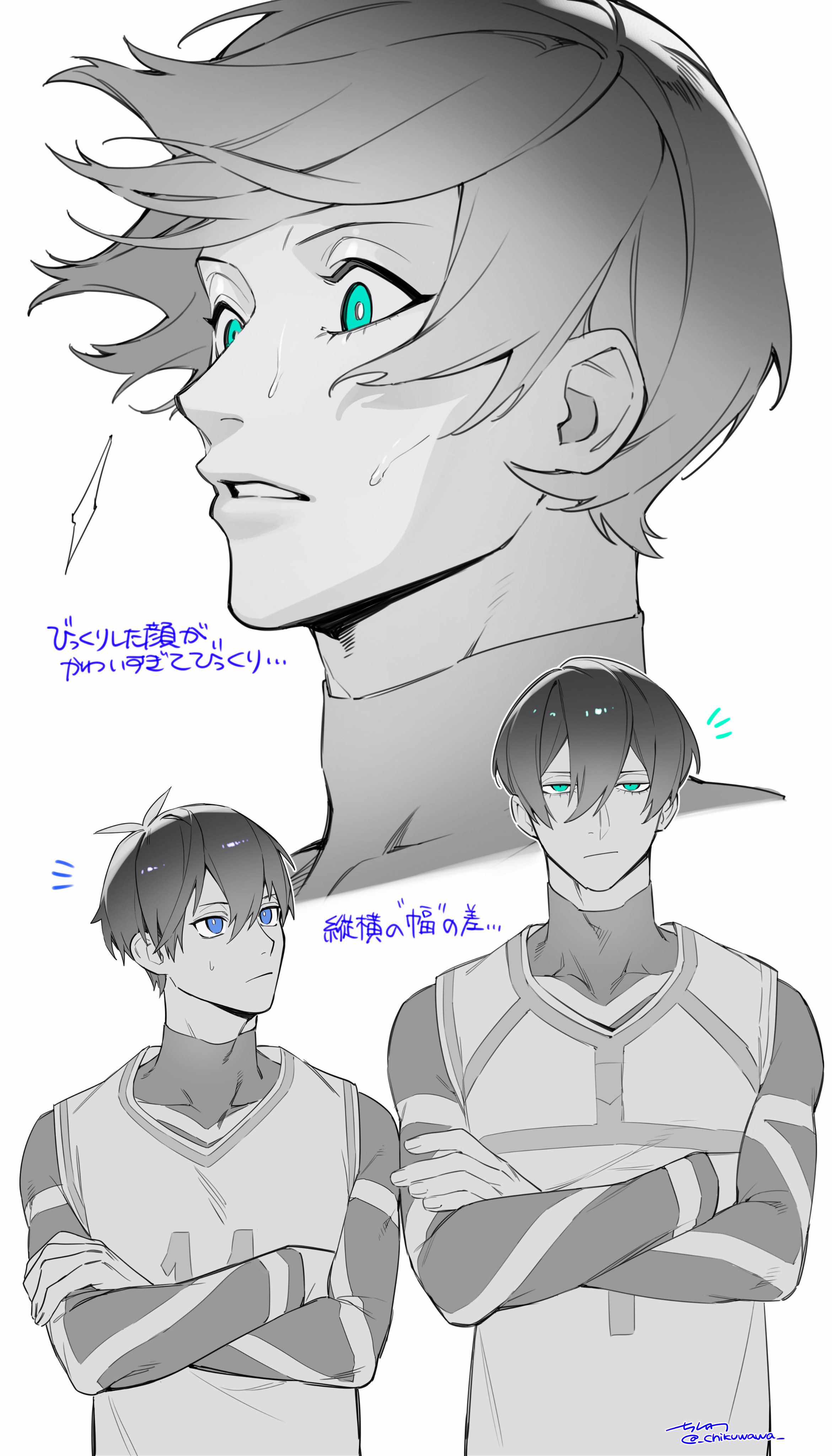 chikuwa (dr0603), isagi yoichi, itoshi rin, blue lock, absurdres, commentary request, highres, translation request, 2boys, blue eyes, blue lock bodysuit, closed mouth, crossed arms, green eyes, greyscale, height difference, looking at another, male focus, monochrome, multiple boys, multiple views, signature, spot color, twitter username
