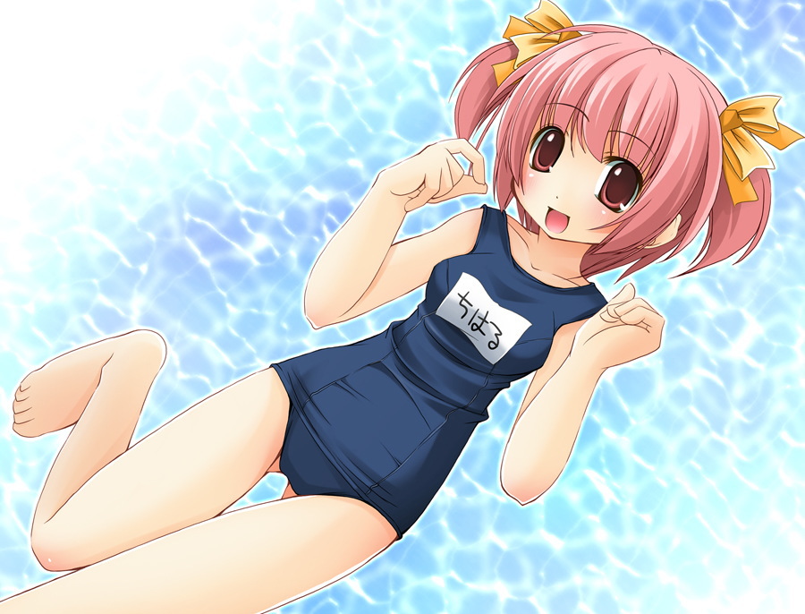 shibacha, barefoot, blue background, blue one-piece swimsuit, hair ribbon, one-piece swimsuit, pink hair, ribbon, school swimsuit, solo, swimsuit, twintails