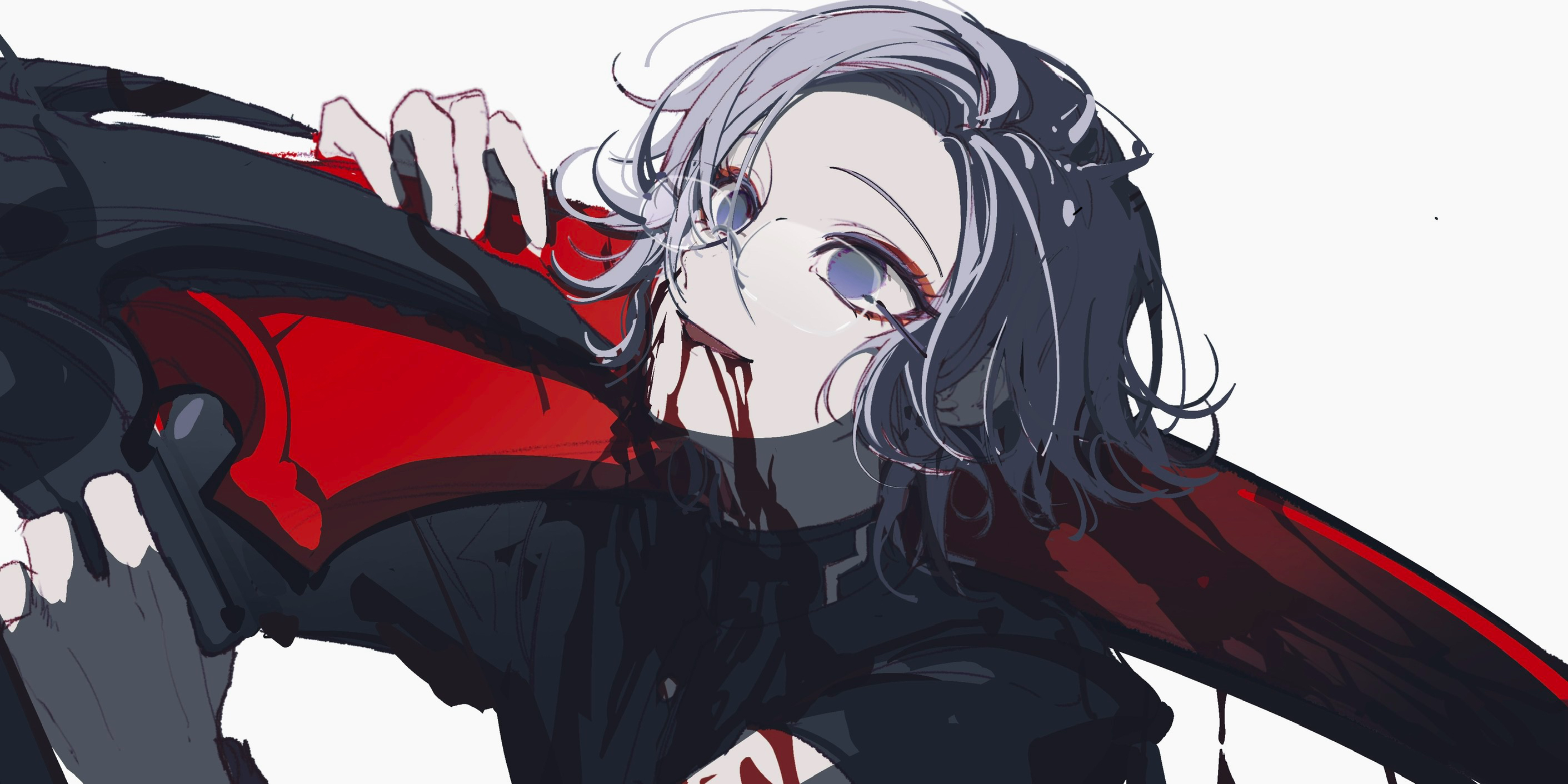 accookie, aotsuki eito, the hundred line -last defense academy-, highres, 1boy, bleeding, blood, blood from mouth, empty eyes, eyeliner, gakuran, glasses, gloves, grey hair, grin, holding, holding scythe, holding weapon, jacket, last defense academy school uniform, looking up, makeup, male focus, no pupils, open mouth, red eyeliner, scene reference, school uniform, scythe, short hair, simple background, smile, solo, suicide, upper body, weapon, white background, white gloves