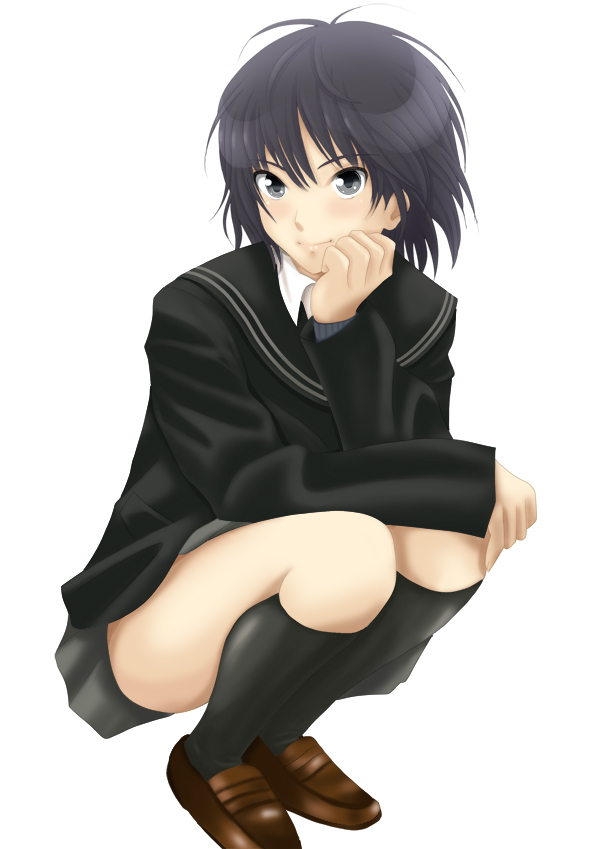 kishida-shiki, nanasaki ai, amagami, 1girl, black eyes, black socks, female focus, kneehighs, school uniform, serafuku, shoes, short hair, skirt, socks, solo, squatting