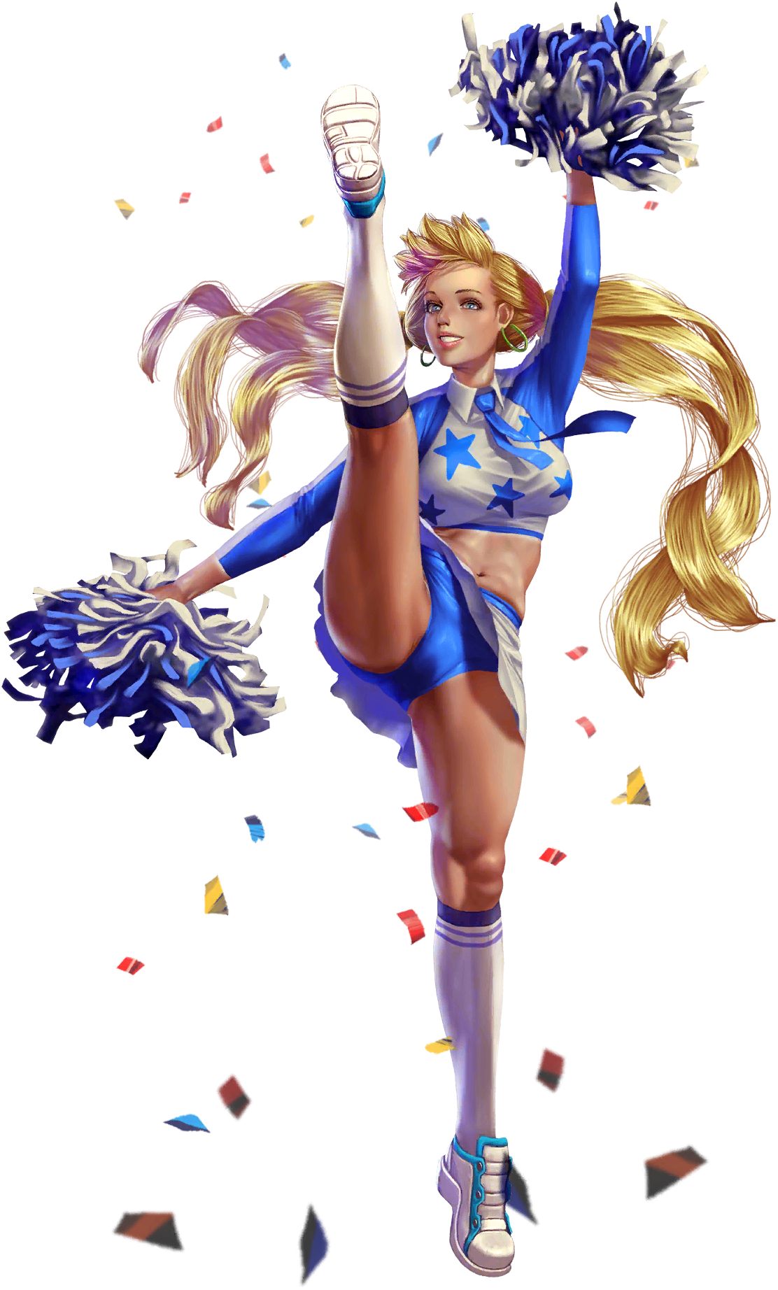 crystal maiden (series), artist request, bad source, game cg, highres, official art, third-party source, variant set, 1girl, bare legs, blonde hair, blue eyes, breasts, cheerleader, confetti, earrings, forehead, full body, jewelry, leg up, long sleeves, looking at viewer, megan (crystal maidens), miniskirt, navel, pom pom (cheerleading), shoes, skirt, smile, socks, solo, standing, standing on one leg, star (symbol), star print, transparent background, twintails, white socks