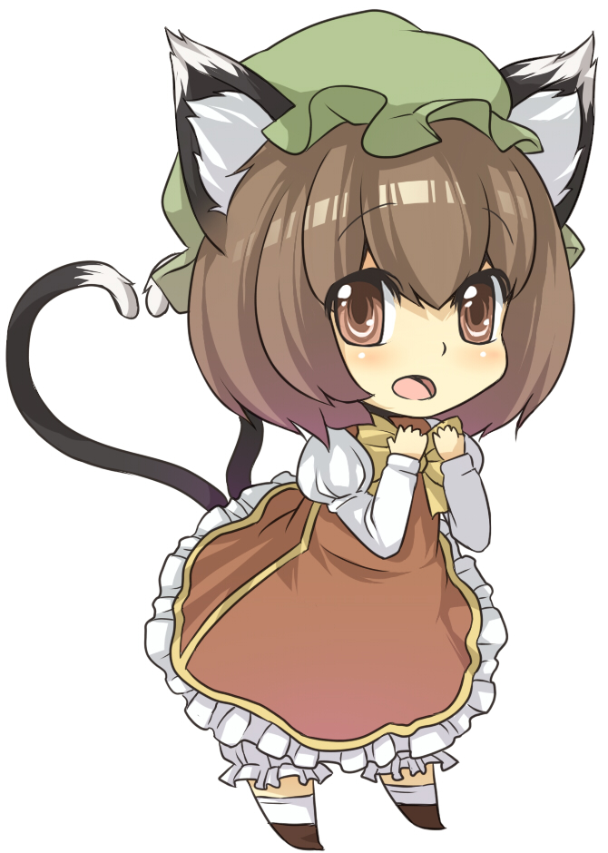 urin, chen, touhou, bad id, bad pixiv id, 1girl, animal ears, brown eyes, brown hair, cat ears, cat girl, cat tail, chibi, female focus, full body, hat, heart, heart tail, leaning forward, multiple tails, short hair, simple background, solo, standing, tail