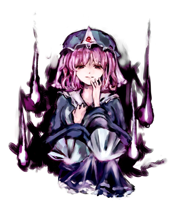 kakir, saigyouji yuyuko, touhou, 1girl, female focus, hat, pink hair, short hair, solo, white background