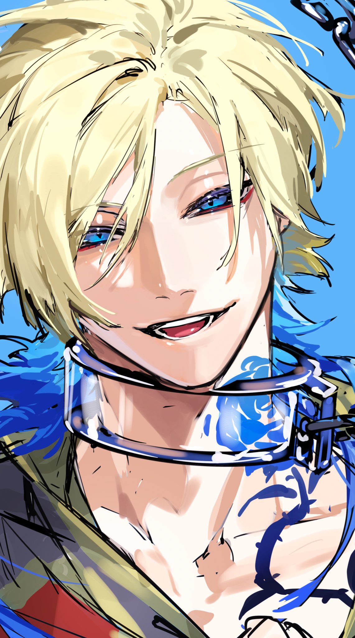chikuwa (dr0603), michael kaiser, blue lock, highres, 1boy, blonde hair, blue eyes, blue hair, blue tattoo, eyeliner, fc barcha soccer uniform, flower tattoo, looking at viewer, makeup, male focus, red eyeliner, short hair, solo, tattoo, teeth, tongue